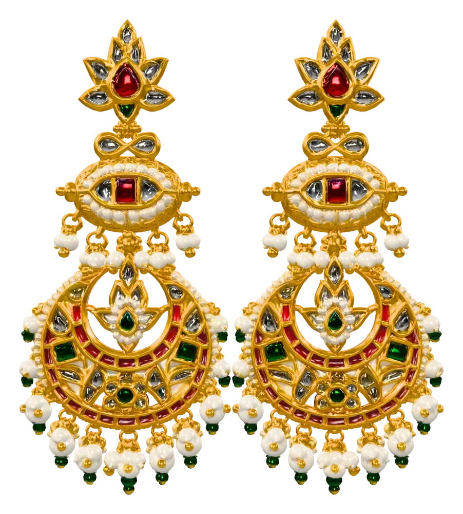 Chandni: a pair of gold chandbali earrings with kundan stones and pearl drops