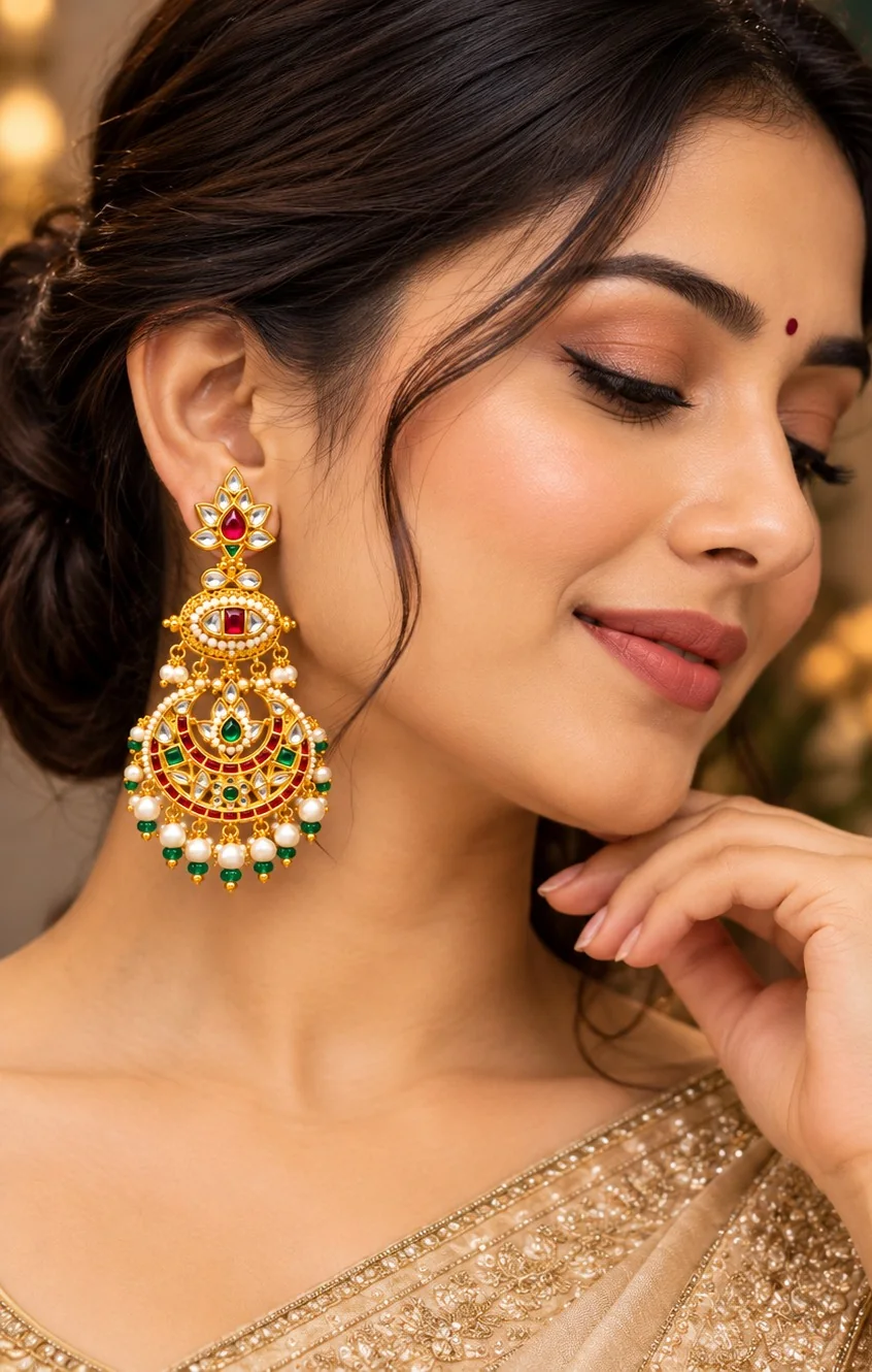Chandni: a pair of gold chandbali earrings with kundan stones and pearl drops