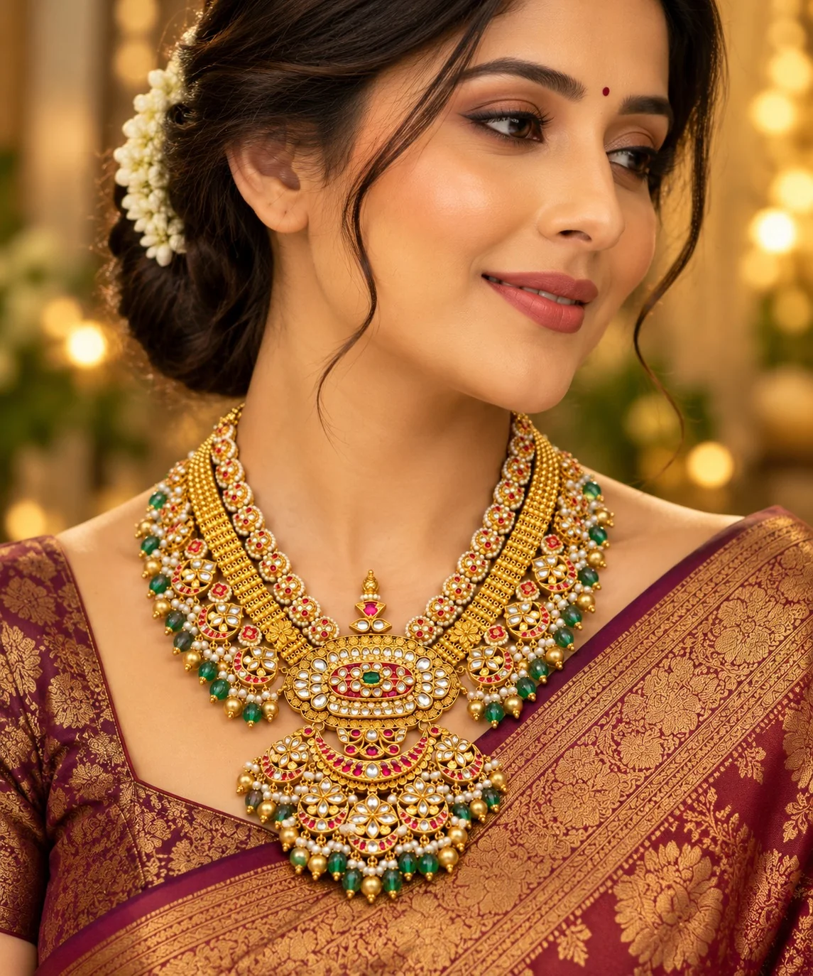 A woman wearing The Ratnavali, a gold necklace set with precious stones