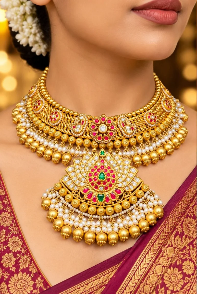 The Pushpanjali: a gold lotus choker with pearls and gold bead drops