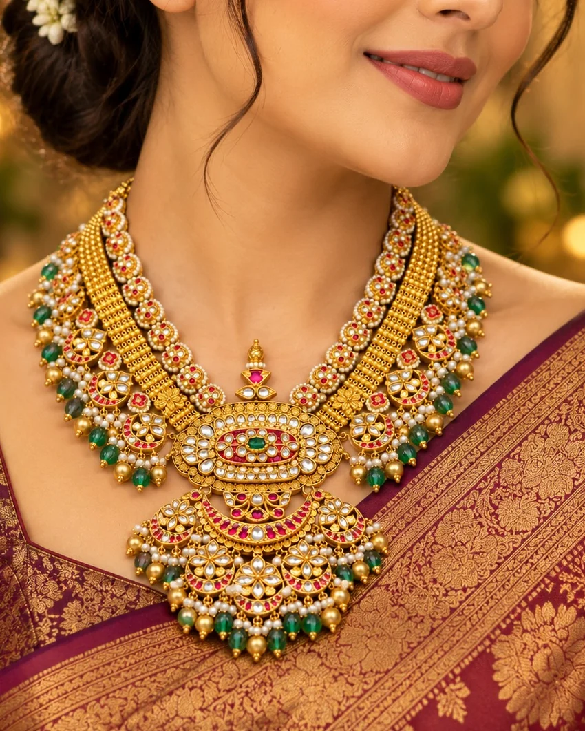 The Ratnavali, a gold necklace with a lotus-crescent pendant and precious stones, worn by a model