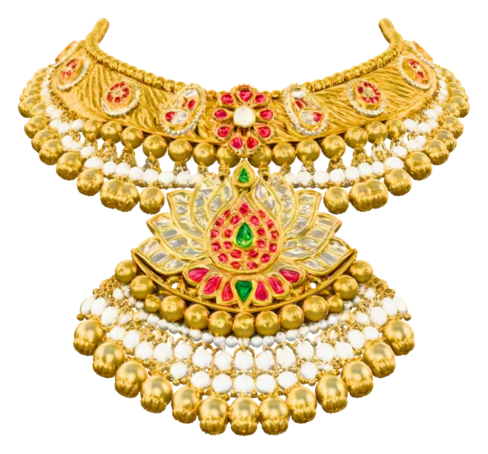 The Pushpanjali: a gold lotus choker with pearls and gold bead drops