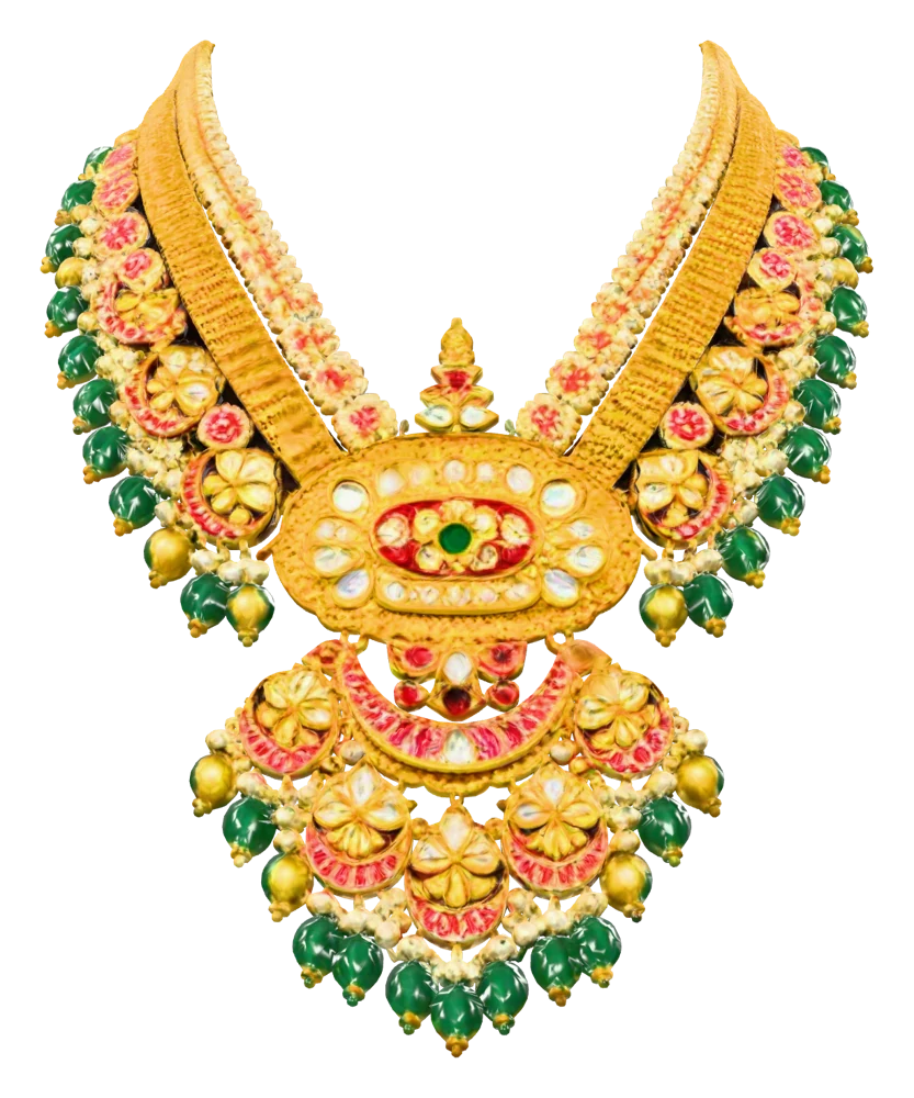 The Ratnavali, a gold necklace with a lotus-crescent pendant and precious stones, worn by a model